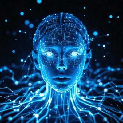 The primary subject of the image is a close-up of a woman's face, with a blue and purple hue. The setting is a dark background, and the visual style appears to be a digital art or illustration. The colors and mood of the image are predominantly blue and purple, creating a futuristic and surreal atmosphere.